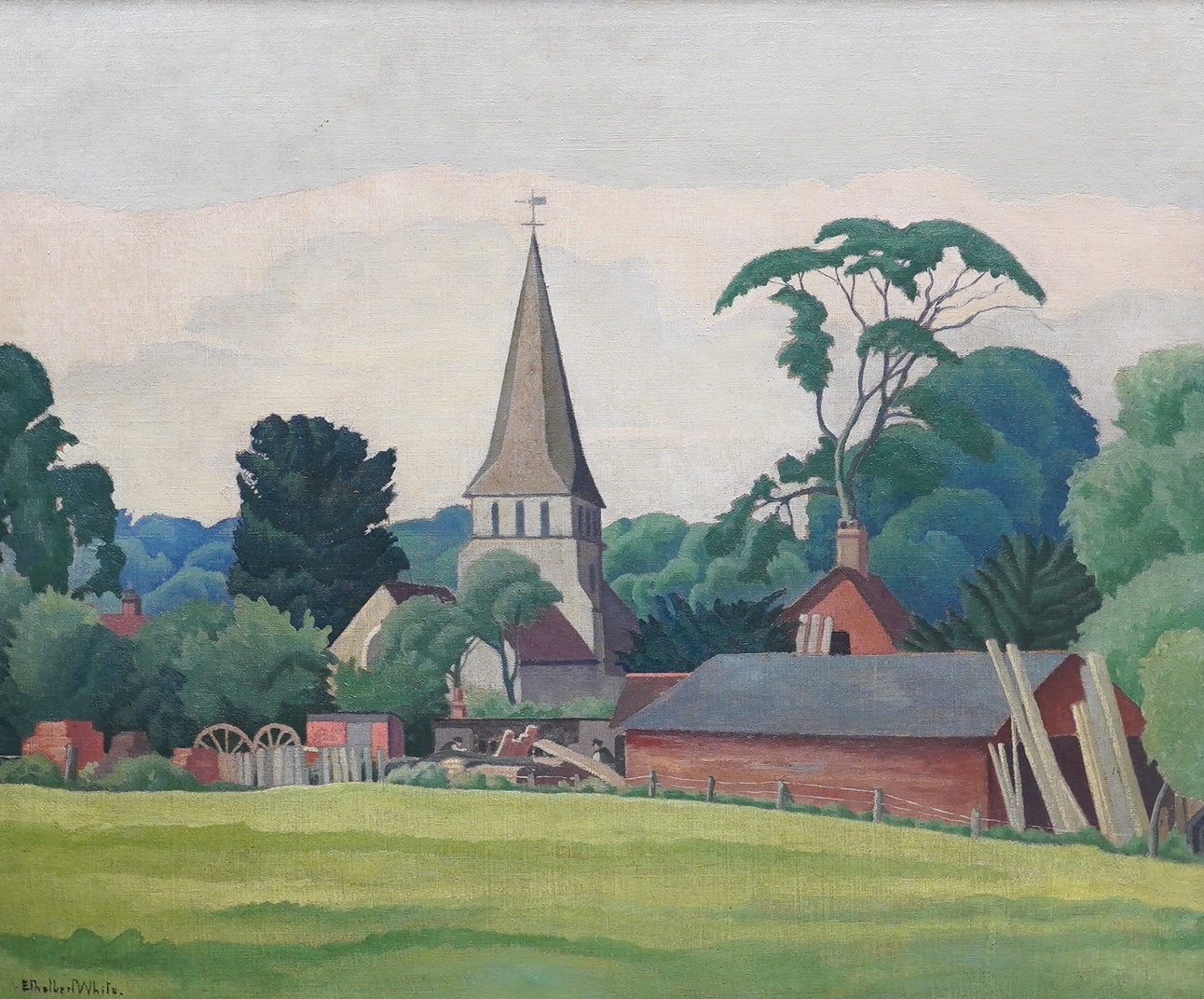 Ethelbert White (1891-1972), oil on canvas, Landscape with church, signed, 49 x 59cm. Condition - fair to good